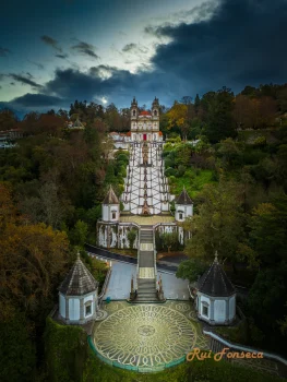 Aerial view of the Palácio da Pena, a Romanticist castle in Portugal, at dusk.