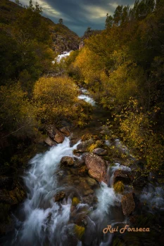 A long exposure photograph of a fast-flowing river winding through a gorge, surrounded by autumn foliage. The sky is overcast and dramatic.