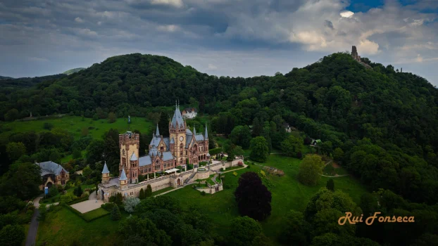 Aerial view of Hohenschwangau Castle in Bavaria, Germany, surrounded by lush greenery and a forested hill.