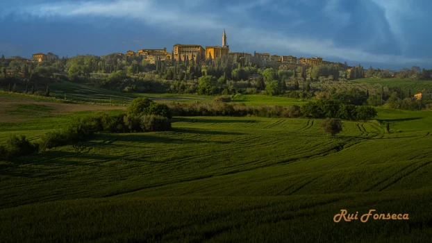 Panoramic view of the Tuscan countryside with the medieval town of Montepulciano in the background.