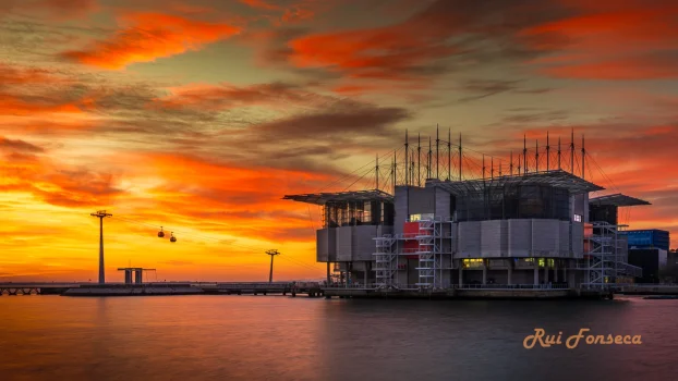 A stunning photograph captures the Ichthyological Museum of Lisbon, Portugal, bathed in the warm hues of a vibrant sunset. The museum's unique architectural design, with its distinctive lattice-like structure, is prominently featured against the fiery sky. The calm waters of the Tagus River reflect the colors above, creating a mesmerizing and picturesque scene. The image evokes a sense of tranquility and wonder, showcasing the beauty of both the natural landscape and the man-made structure.