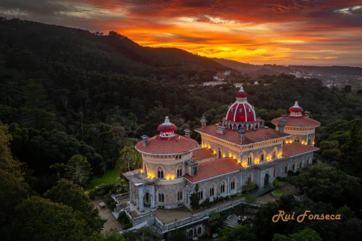 Aerial view of Pena Palace at sunset