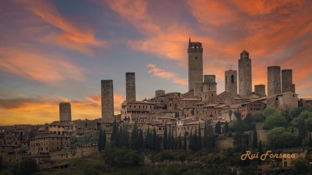 Panoramic view of San Gimignano, Italy at sunset