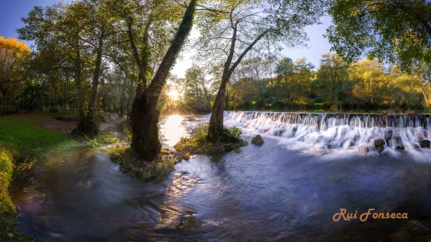 A long exposure photograph of a cascading waterfall with trees and foliage surrounding it, captured during golden hour.