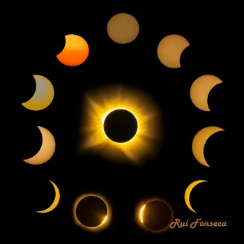 Composite image of a solar eclipse showing various phases arranged in a circular pattern against a black background.