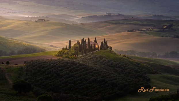 A picturesque view of a villa nestled amongst cypress trees on a hilltop in the Tuscan countryside, Italy, bathed in soft morning light.